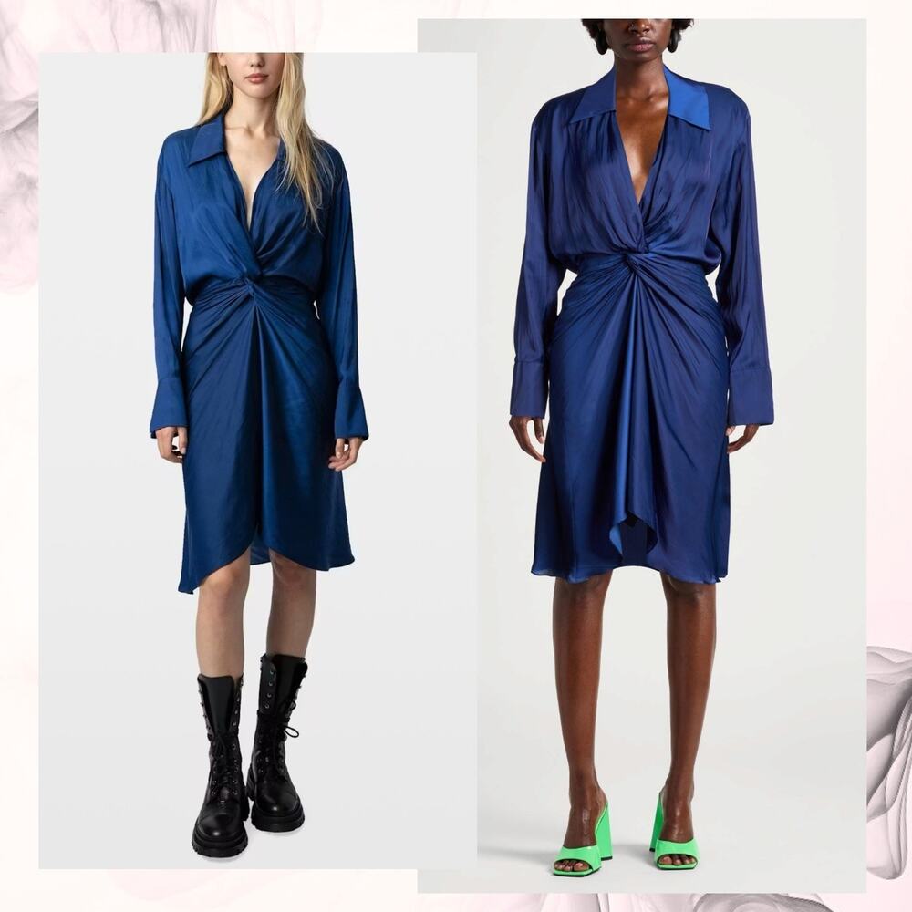ZADIG & VOLTAIRE Rozo Satin Dress Draped Twisted Blue Asymmetric V-Neck Cocktail